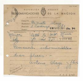 Telegrama recibido por Adelina y Luis María con motivo de su casamiento 1952