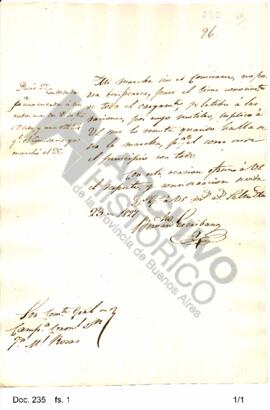 Comunicación enviada por Escribano a Rosas pidiéndole la presencia del comisario en Salto. 1827