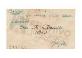 Tarjeta de salutación por el primer cumpleaños de Carlos. Rte: Elda. R. Basualdo (Bety). 1956