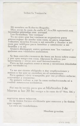 Carta enviada por Roberto Bugallo a los vecinos de calle 67, invitándolos a una reunión.