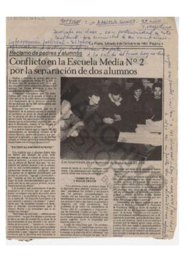 Recorte diario El Día "Conflicto en la Escuela Media N2 por la separación de dos alumnos&quo...