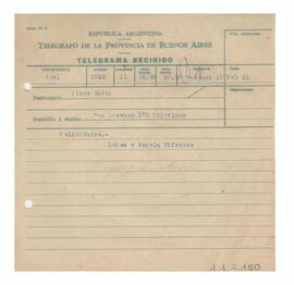 Telegrama recibido por Adelina y Luis María con motivo de su casamiento 1952