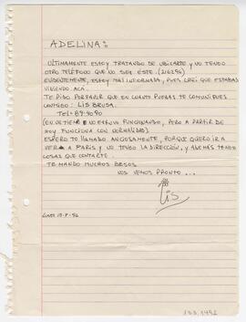 Nota enviada a Adelina, firmada por Lis. 1996