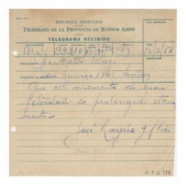 Telegrama recibido por Adelina y Luis María con motivo de su casamiento 1952