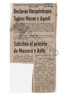 Recorte del diario La Gaceta “Declaran Harguindeguy, Suárez Mason y Agosti” “Solicitan el proceso...