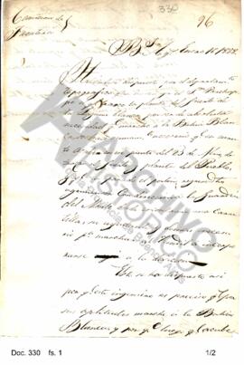 Copia de un oficio enviado por Rosas a Perdriel  solicitándole el regreso del ingeniero Narciso P...