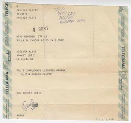 Telegrama enviado a Adelina desde Villa El Chocón. Firmado por Alicia, Carlos, Fausto. 1980