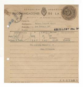 Telegrama recibido por Adelina y Luis María con motivo de su casamiento 1952
