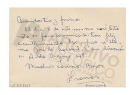 Nota dirigida a Adelina, Carlos y María del Carmen comunicando el casamiento de Francisquita