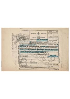 Radiotelegrama dirigido al Juez De la Serna en relación al radiograma 2292 en la causa de Habeas ...