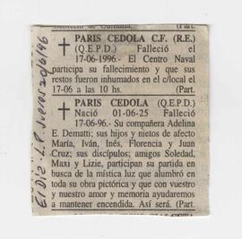 Necrológica de Paris Cédola 1996