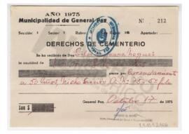 Comprobante de arrendamiento de un nicho para el sepelio de Pedro Nogues. Municipalidad de Genera...
