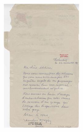 Carta enviada a Adelina desde Falkenberg, Suecia, firmada por Andrés Debjy. Escrita en francés. 1981