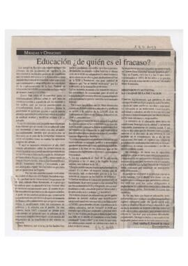 Recorte publicación Miradas y Opiniones. Educación, ¿de quién es el fracaso?.