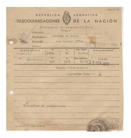 Telegrama recibido por Adelina y Luis María con motivo de su casamiento 1952