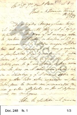 Carta enviada por Escribano a Rosas en la cual relata la colocación de la entrada y otras labores...