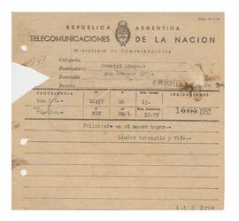 Telegrama recibido por Adelina y Luis María con motivo de su casamiento 1952
