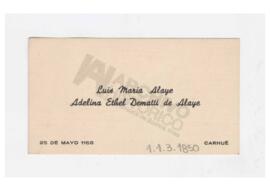 Tarjeta Luis María Alaye y Adelina Ethel Dematti de Alaye de Carhué