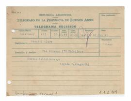 Telegrama recibido por Adelina y Luis María con motivo de su casamiento 1952