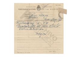 Telegrama de Negra desde Chivilcoy dirigido a Luis Alaye con motivo de felicitación por el nacimi...