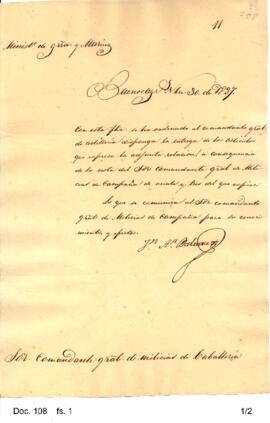 El Ministro de Guerra y Marina notifica a Rosas que se ha ordenado al Comandante General de Artil...