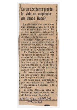 Recorte de diario “La opinión” Laprida sobre accidente de Luis María Alaye 1968