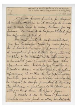 Mensaje de despedida de egresada “Escuela formativa de Profesoras de Jardín de infantes 1950