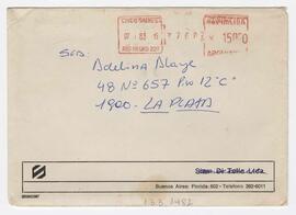 Sobre dirigido a Adelina Alaye. Rte: Flia. Lafit. Neuquén. 1983