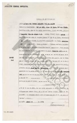 Cédula de notificación a Adelina de los honorarios del juicio y del Dr. José María Iturrería. 1984