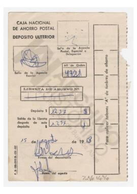 Talón de depósito en Caja Nacional de Ahorro Postal. 1968