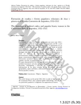 Formación de cuadros del PCA y la rama femenina. Formación de cuadros y frentes populares: relaci...