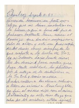 Carta enviada a Adelina desde Chivilcoy. Firmada, Nena. 1983