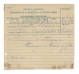 Telegrama recibido por Adelina y Luis María con motivo de su casamiento 1952