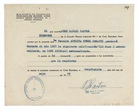 Constancia de calificación de los años 1967, 1968, Escuela Técnica INSDNº 1 Brandsen, 1969