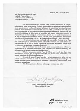 Correspondencia recibida por Adelina. Firmada por Felisa Carmen Martínez de Lugones. 2006
