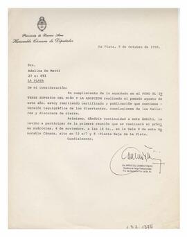 Correspondencia recibida por Adelina. Honorable Cámara de Diputados. La Plata. Firmado por la Dra...