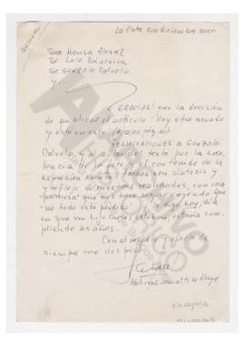 Carta dirigida a Marisa Alvarez, Lalo Painceira, Gonzalo Calvelo. 2000