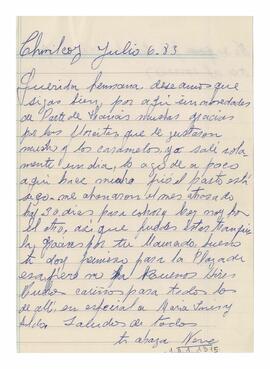 Carta enviada a Adelina desde Chivilcoy. Firmada, Nena. 1983