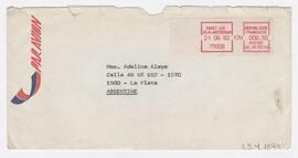 Sobre enviado a Adelina. Rte: Mme. Bildstein 32. Av. Fernand Fenzy 92160, Antony, France. (A y B)...