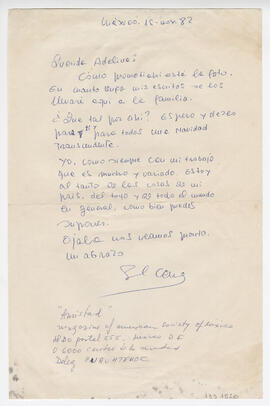 Carta dirigida a Adelina. México. 1982