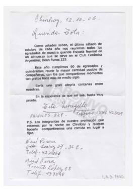 Carta de invitación a reunión por los 60 años de egresados de la Escuela Normal de Chivilcoy (Fs....
