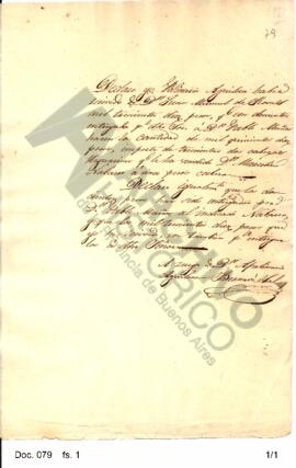 Recibo que Apolinario Aguilera extiende a Rosas como constancia de una cantidad de dinero por la ...