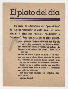 Folleto del centro republicano español de Mar del Plata “El plato del dia”