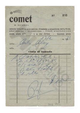 Boleta de la casa Comet donde consta la compra que hace Carlos. 1977