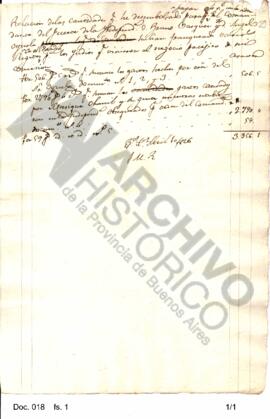 Borrador en el cual Rosas informa la cantidad de dinero saldado para pagar gastos. 1826