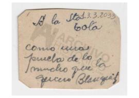 Nota dirigida a Adelina firmada por Blanquita