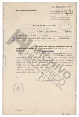 Cédula de notificación de costas del juicio del recurso de Habeas Corpus. Con anotación de Adelin...