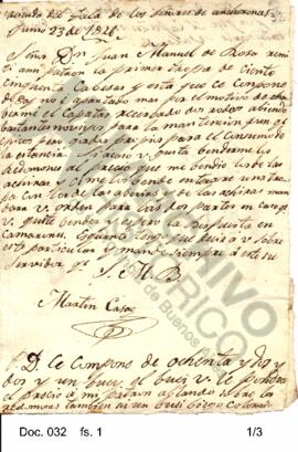 Carta enviada a Rosas por Martín Casao referida a la venta de ganado. 1826