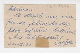 Tarjeta dirigida a Adelina, firmada por Negra. 1973