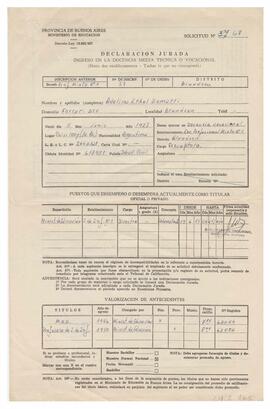 Declaración jurada Ingreso a la docencia media, Técnica o Vocacional, Brandsen, 1970